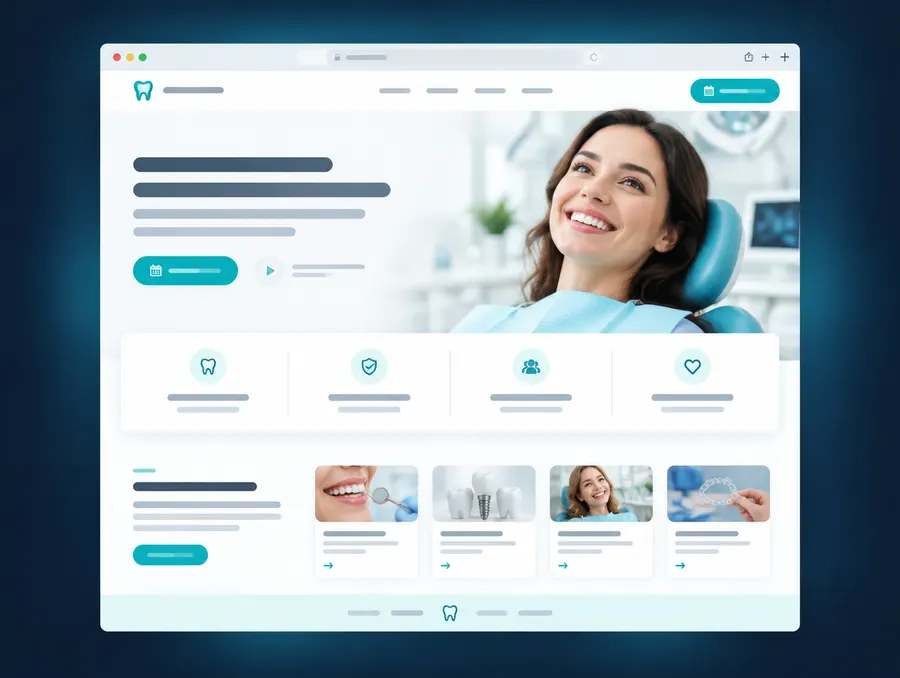 Sitio web de una clínica dental en tonos blancos y turquesa con botón para agendar